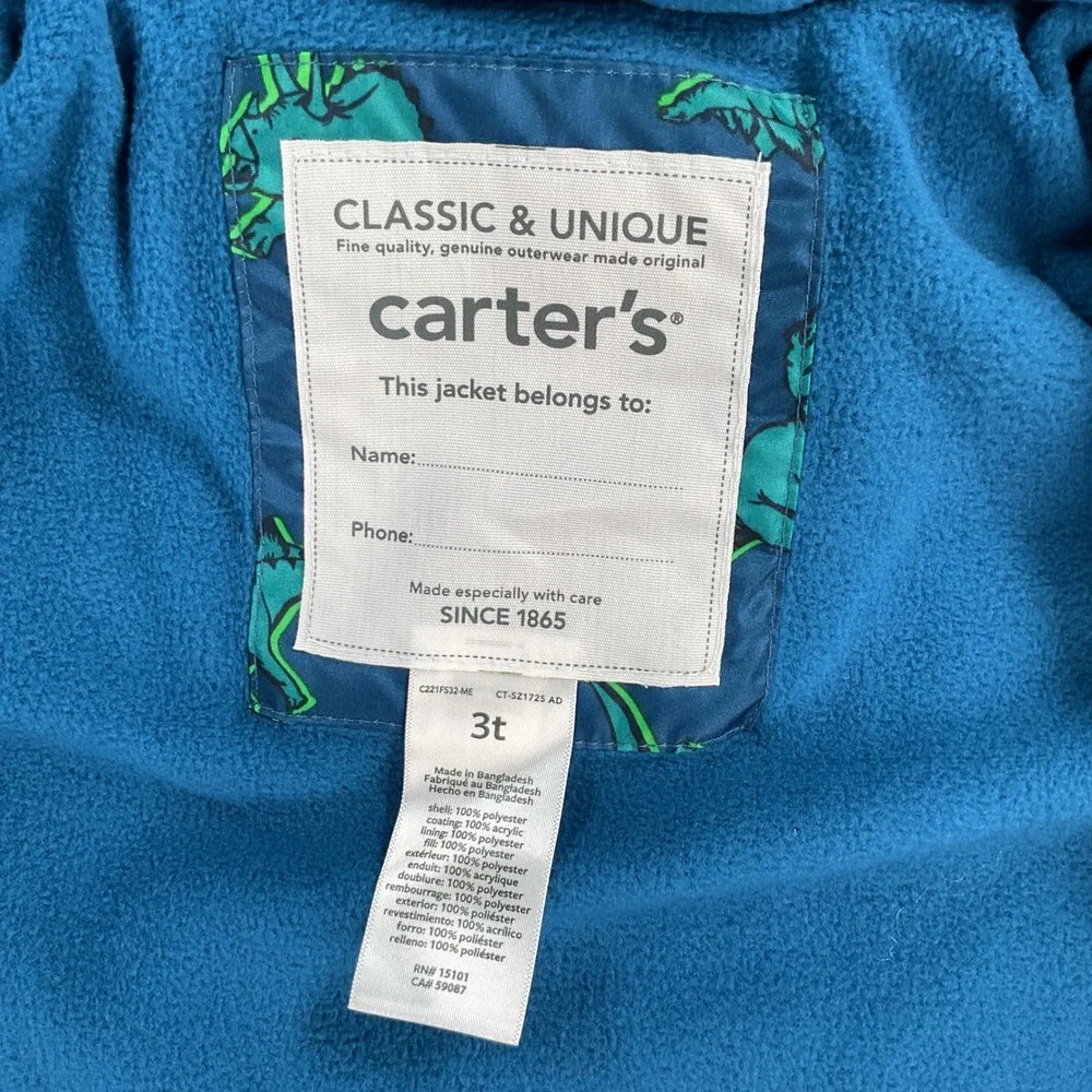 Carters Toddler Boys 2-Piece Dinosaur Snowsuit Teal Blue Puffer‎ Jacket Bibs 3T